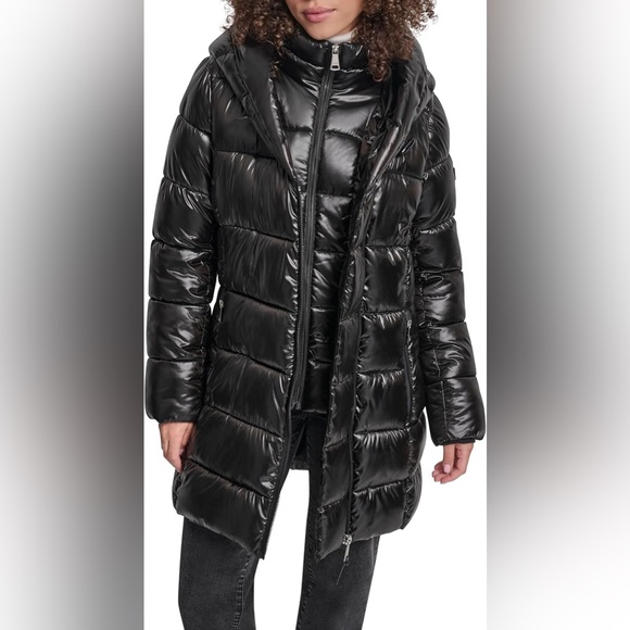 DKNY Shine Puffer Coat With Bib Black XS New Long Quilted New - Picture 5 of 6